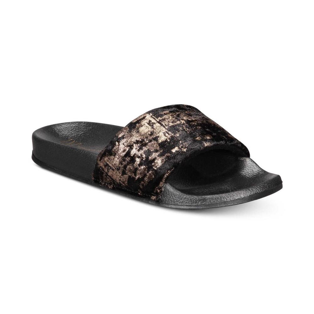 INC Women's Velvet Slide Slippers Black Gold (5-6) Small